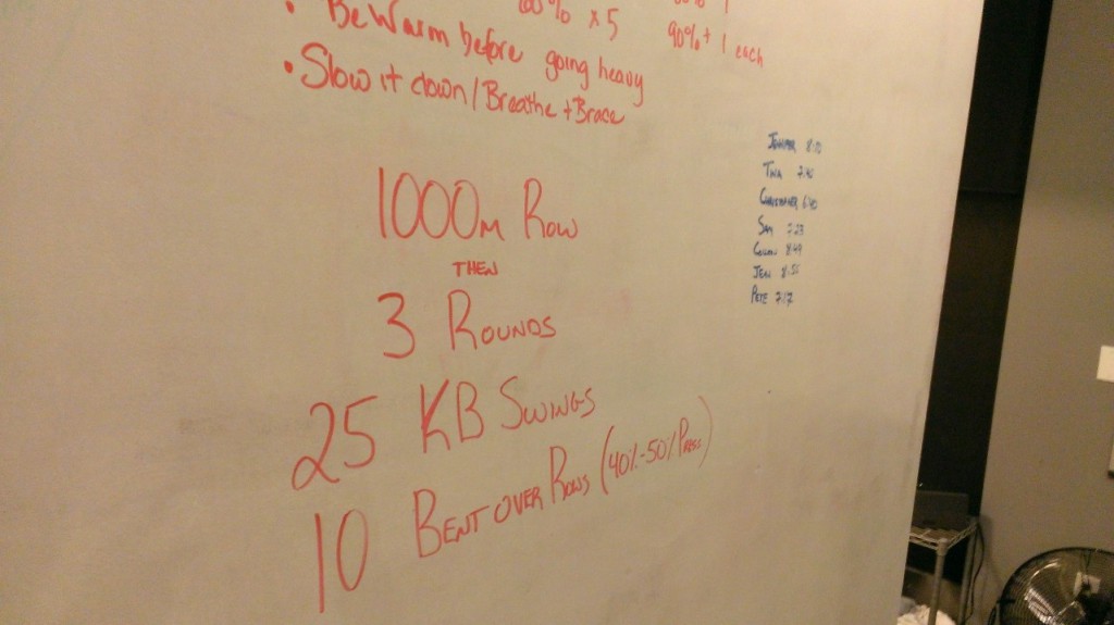 This was a quick one. My strategy for 1000m Crossfit rows is to do a start, sprint, shift then 10 on/10 off (the off not really off), then crank it back up with 200 or so to go. This leaves enough to do other parts of the WOD. I also try to row last (if we take turns).