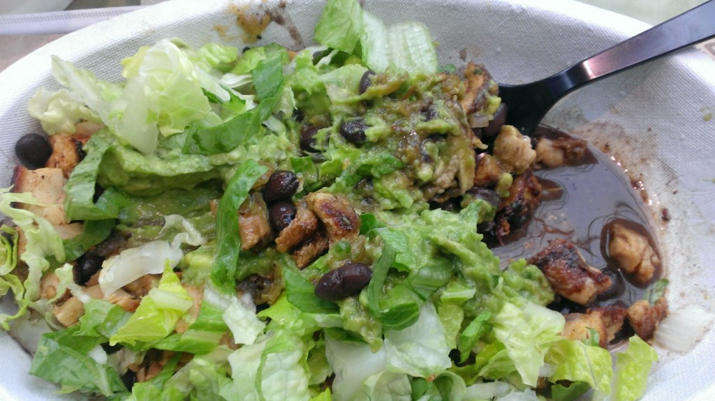 Food Court lunch: Chipotle chicken bowl, no rice, no cheese, no sour cream. No, really.