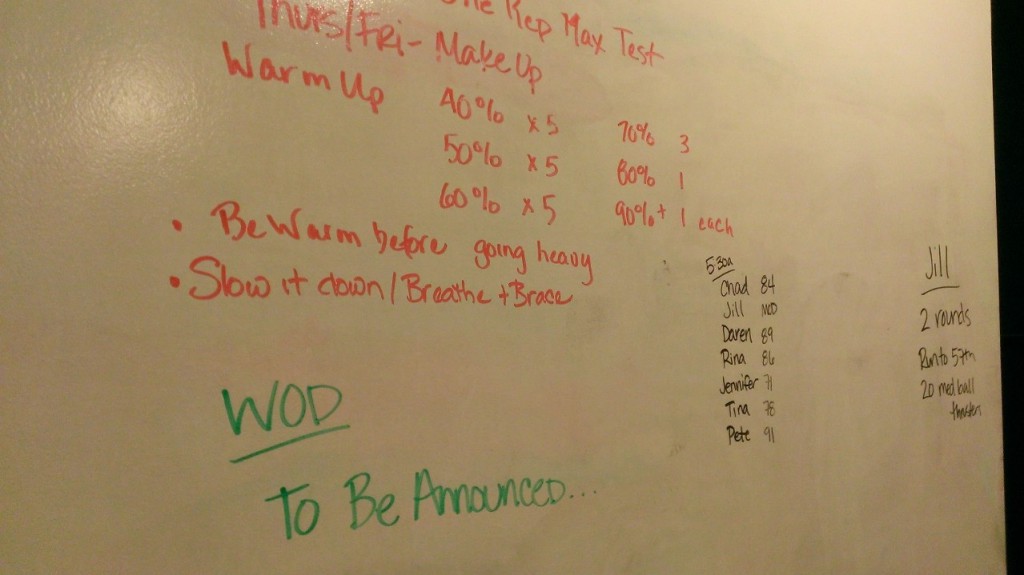 At first Danielle wrote "Crossfit open 12.1" but then Rina looked it up on her iPhone so D updated it to TBA. The point was to reduce the complaints prior to he timer going off. CF Open 12.1 is ... 7 minutes AMRAP of Burpees. Blarg.