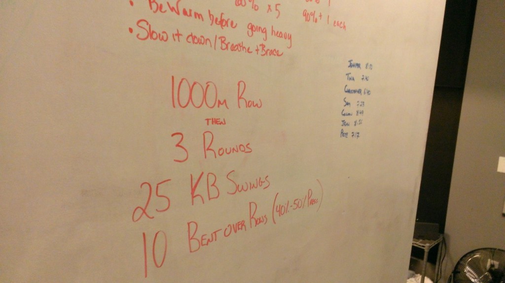 This was a quick one. My strategy for 1000m Crossfit rows is to do a start, sprint, shift then 10 on/10 off (the off not really off), then crank it back up with 200 or so to go. This leaves enough to do other parts of the WOD. I also try to row last (if we take turns).