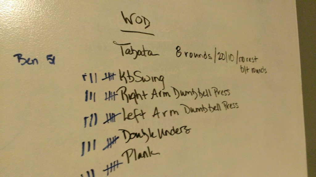The Tabata (20" on, 10" off) here was to go through the entire routine, not one exercise at a time. I kept wanting to skip the 10" off in between the single-arm db presses. 